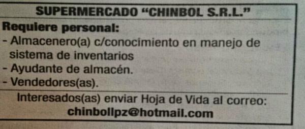 Requerimiento para Almacenero/a